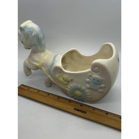 Vtg 50’s Pony Horse And Carriage Ceramic Planter Pink Blue Pastel Nursery Decor - Picture 7 of 10